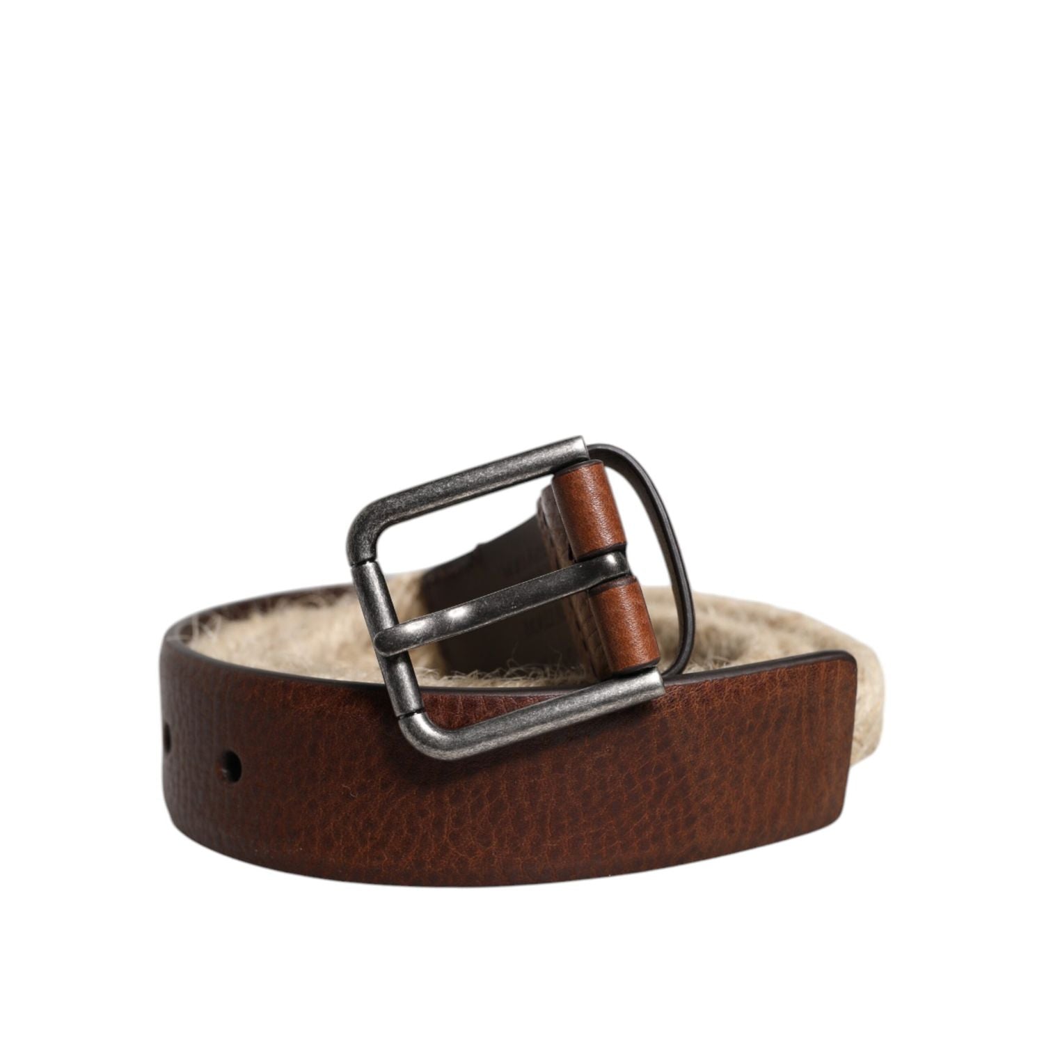 Dolce & Gabbana Brown Jute Leather Woven Metal Buckle Belt
