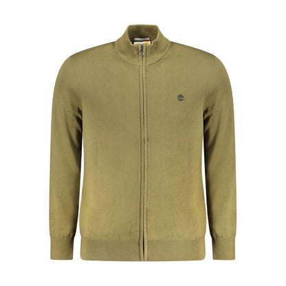 Timberland Green Cotton Men Sweater with logo and zip-up front, crafted from organic cotton for eco-conscious style and comfort.