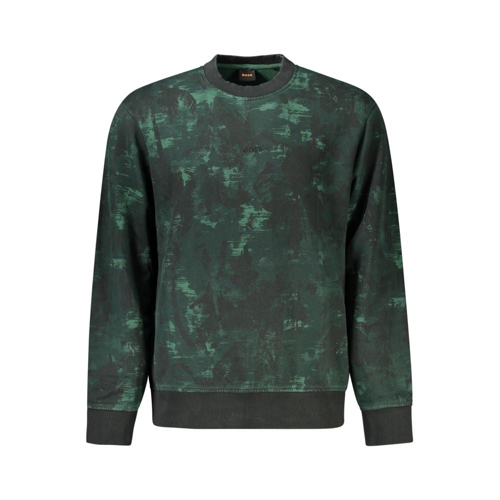 Hugo Boss Green Cotton Men Sweater with contrasting embroidery and crew neck design for contemporary style.