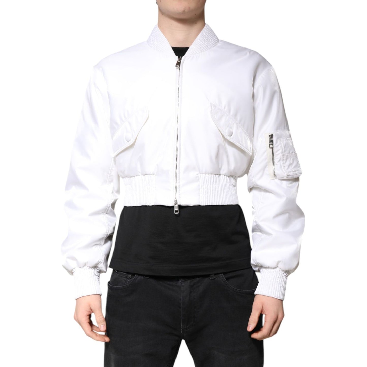 Dolce & Gabbana White Nylon Full Zip Cropped Bomber Jacket