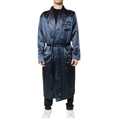 Dolce & Gabbana Blue Solid Silk Men Wrap Robe Coat Jacket