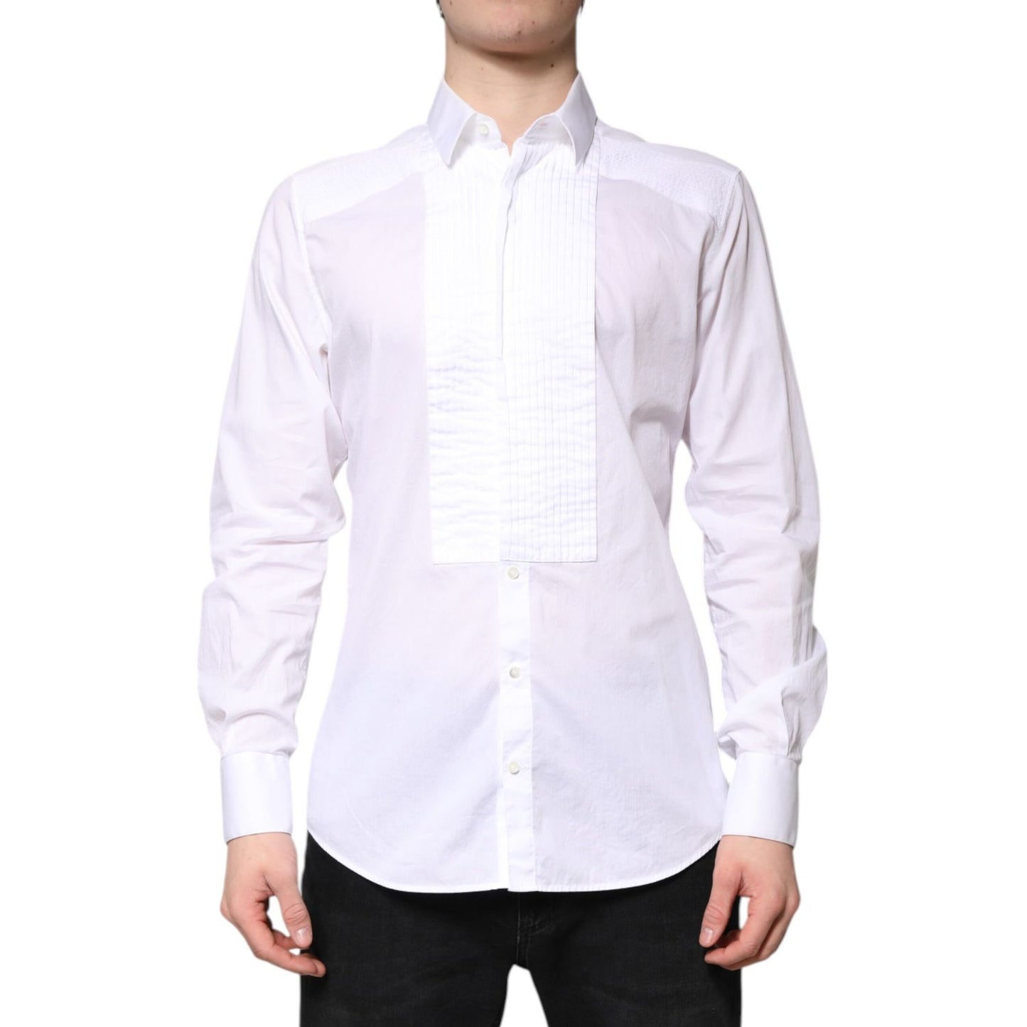 Dolce & Gabbana White GOLD Cotton Poplin Bib Men Dress Shirt