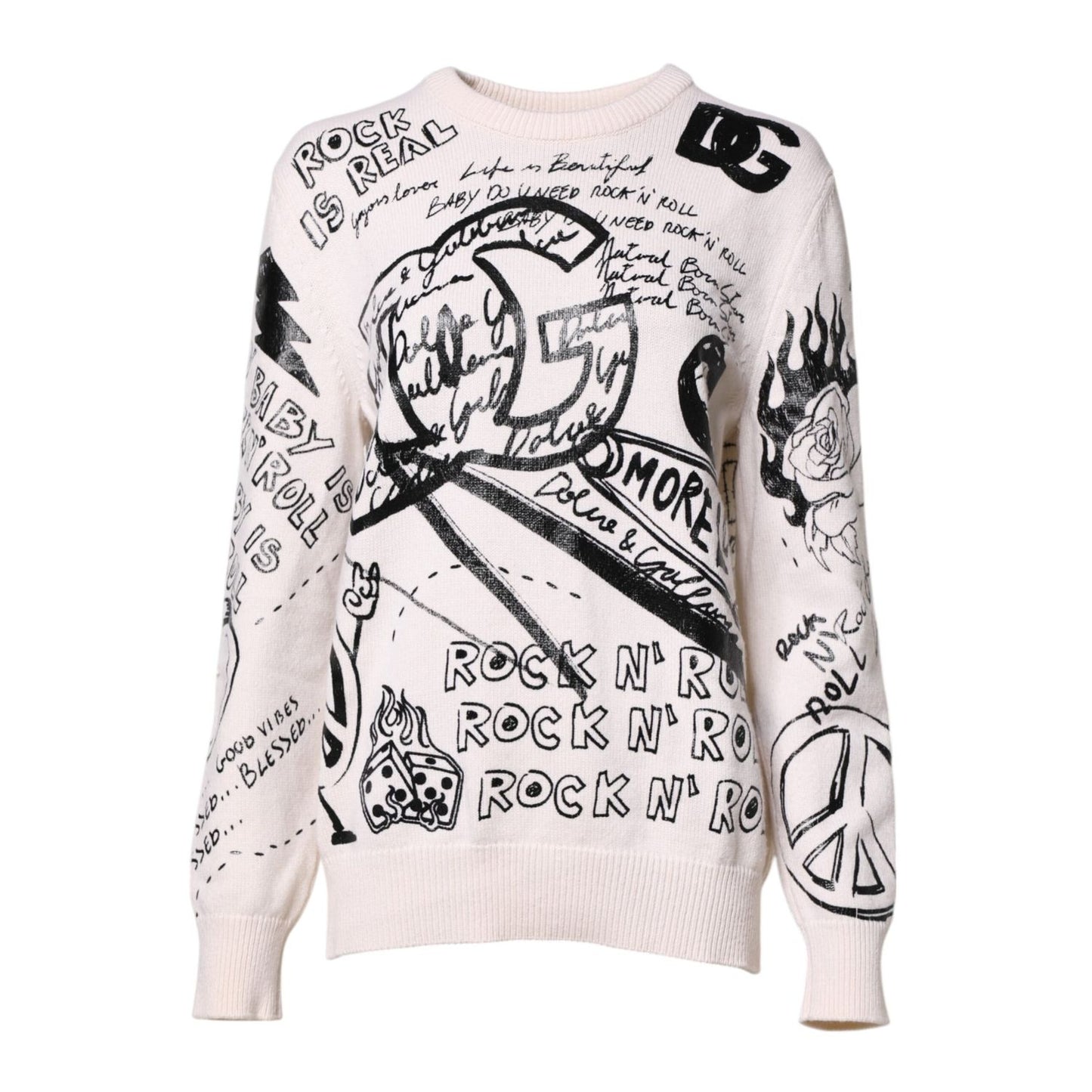 Dolce & Gabbana White Black Logo Print Women Pullover Sweater