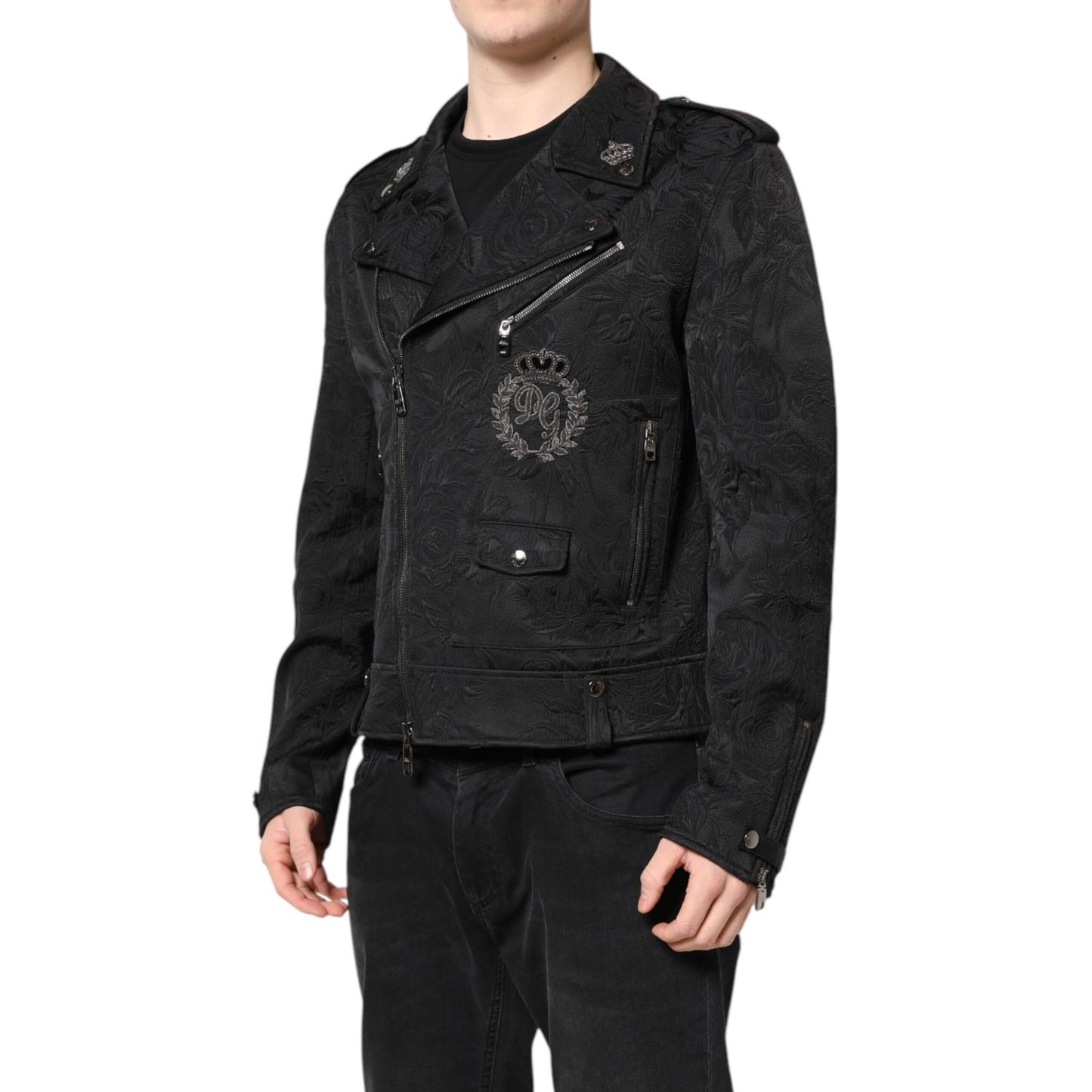 Dolce & Gabbana Black Brocade Cotton Full Zip Biker Jacket