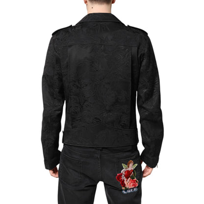 Dolce & Gabbana Black Brocade Cotton Full Zip Biker Jacket