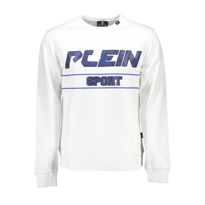 Plein Sport White Cotton Men Sweater with bold logo, sleek long sleeve, and classic crew neck design for fashion-forward style.
