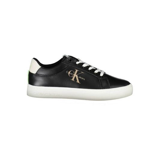 Calvin Klein Black Polyester Women Sneaker with logo and eco-friendly design on white background.