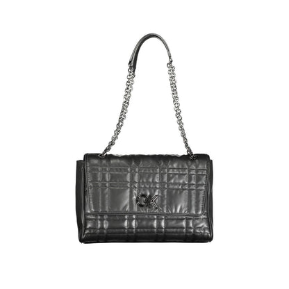 Calvin Klein Black Polyester Women Handbag with chain handles and turnbuckle closure, featuring sleek design and exterior pocket.