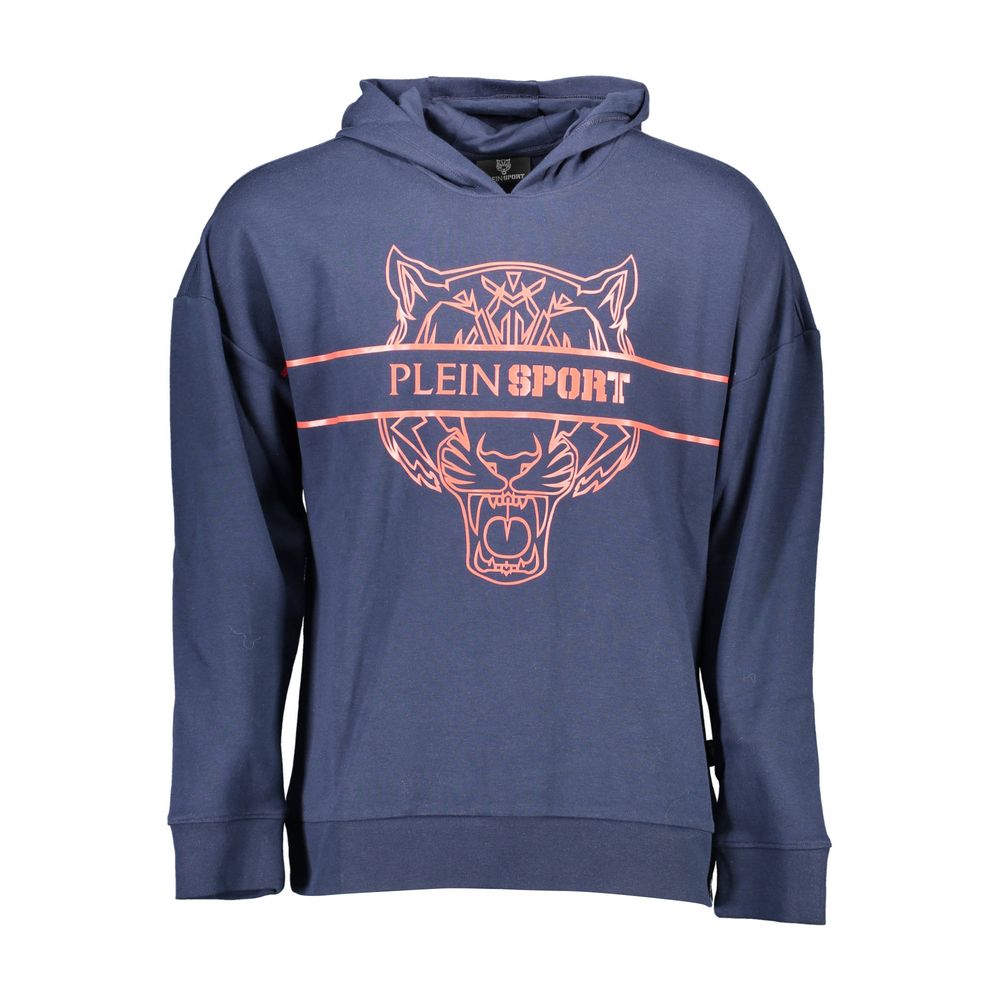 Plein Sport Blue Cotton Men Sweater featuring long sleeves, bold print, and Plein Sport logo, ideal for luxury and high fashion athletic wear.