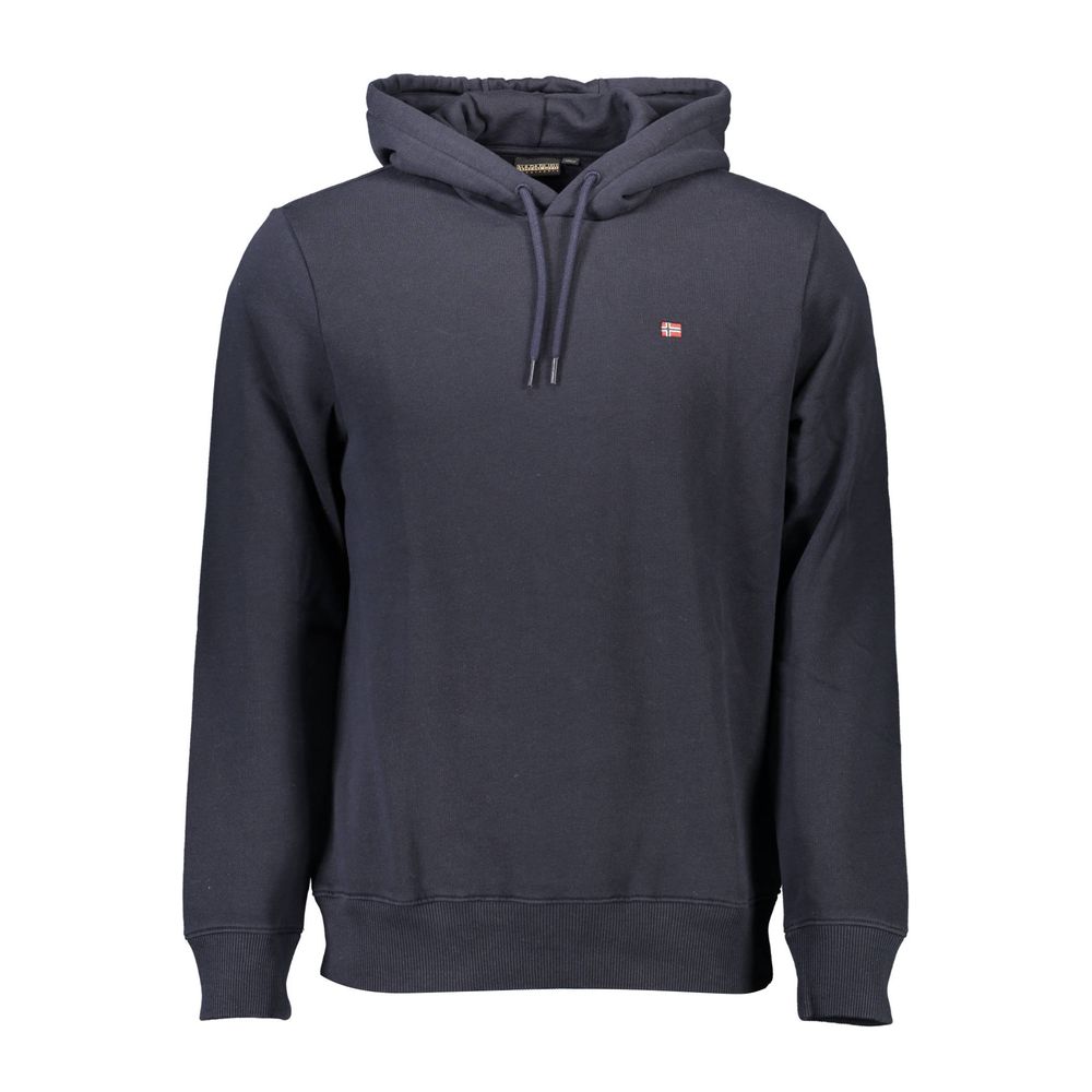 Napapijri Blue Organic Cotton Men Sweater with long sleeves and hoodie in deep blue color.