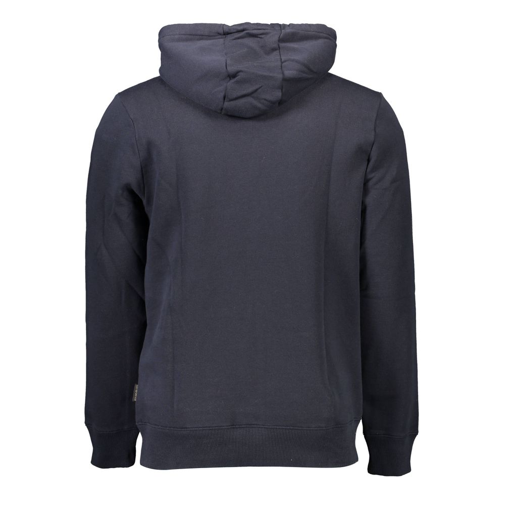 Back view of Napapijri Blue Organic Cotton Men Sweater, showcasing its comfortable hoodie design and deep blue color.