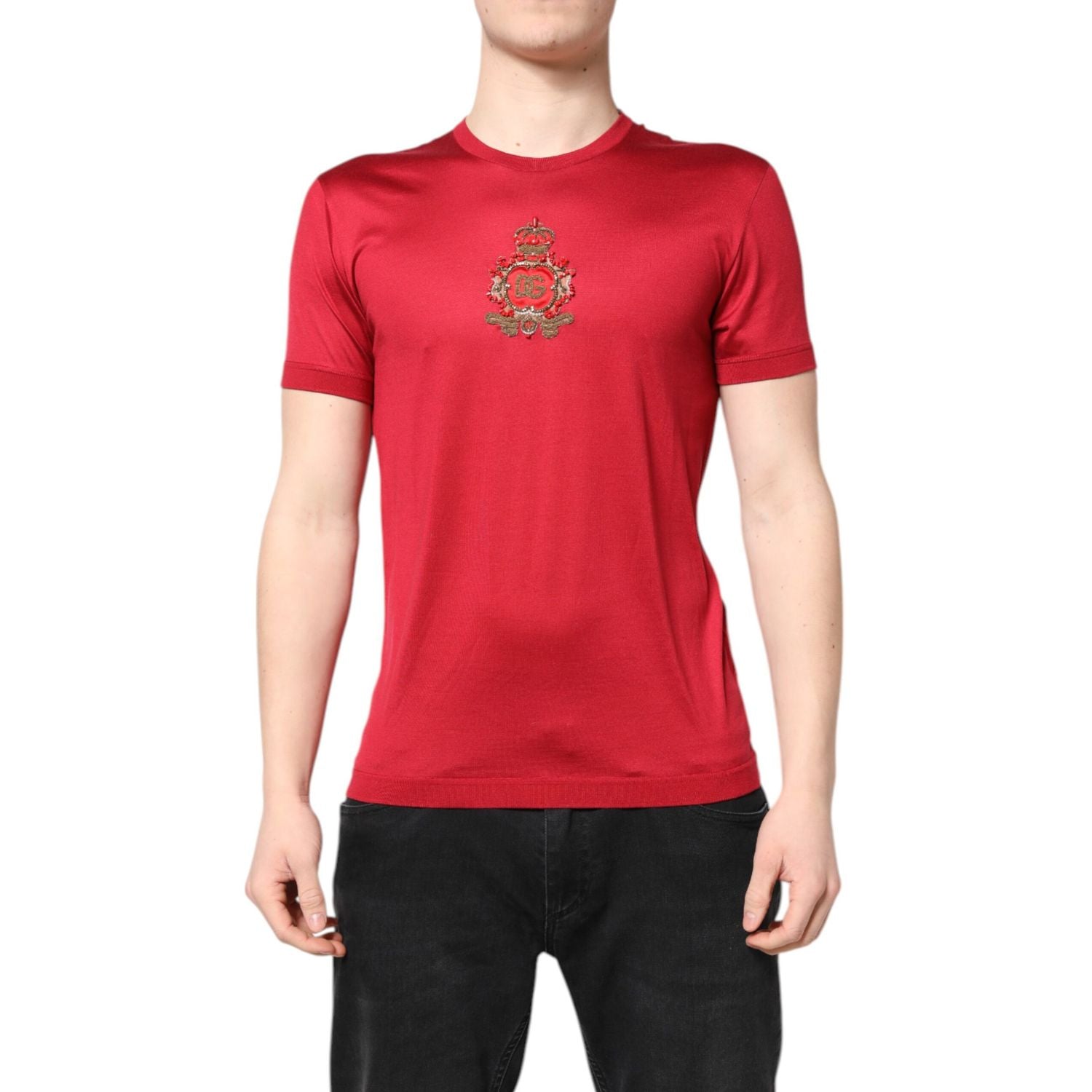 Dolce & Gabbana Red Silk DG Crown Logo Short Sleeve T-shirt