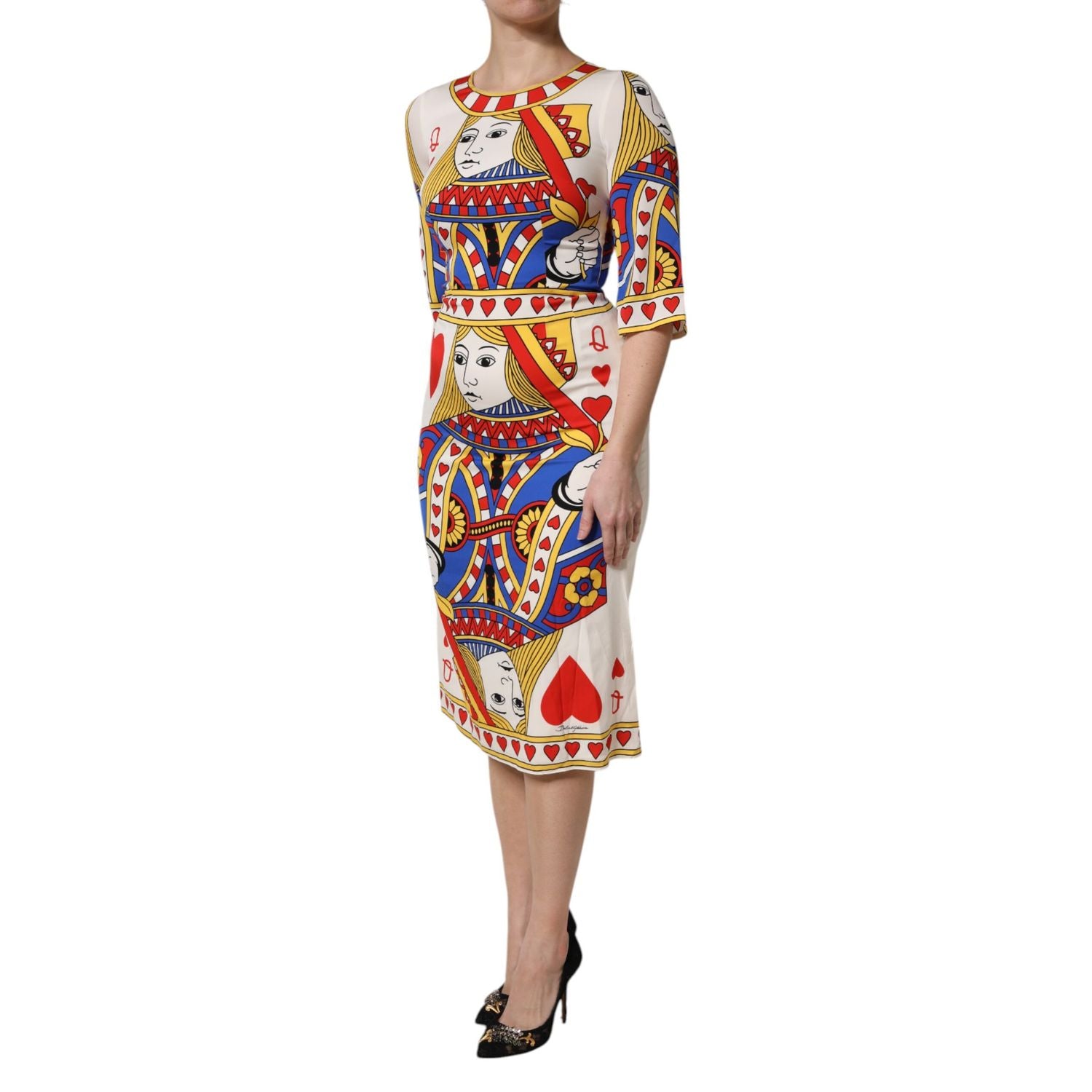 Dolce & Gabbana White Queen Of Heart Short Sleeve Midi Dress