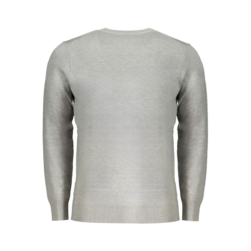 Back view of a gray men's sweater with long sleeves and crew neck.
