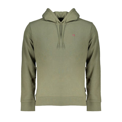 Napapijri Green Cotton Men Sweater with hood and embroidered logo, showcasing casual elegance and trendsetting style in soft fabric.