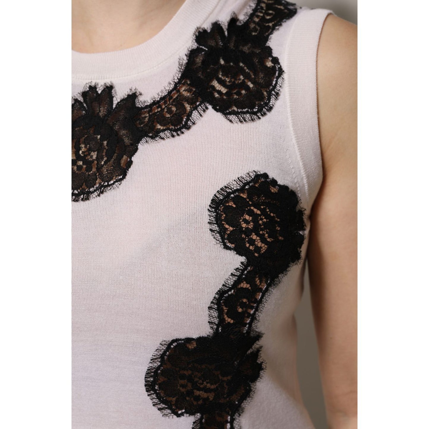Dolce & Gabbana White Cashmere Floral Lace Detailing Tank Top