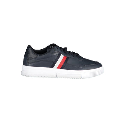 Tommy Hilfiger Blue Leather Men Sneaker with contrasting details and iconic logo, stylish sports footwear for trendsetters.
