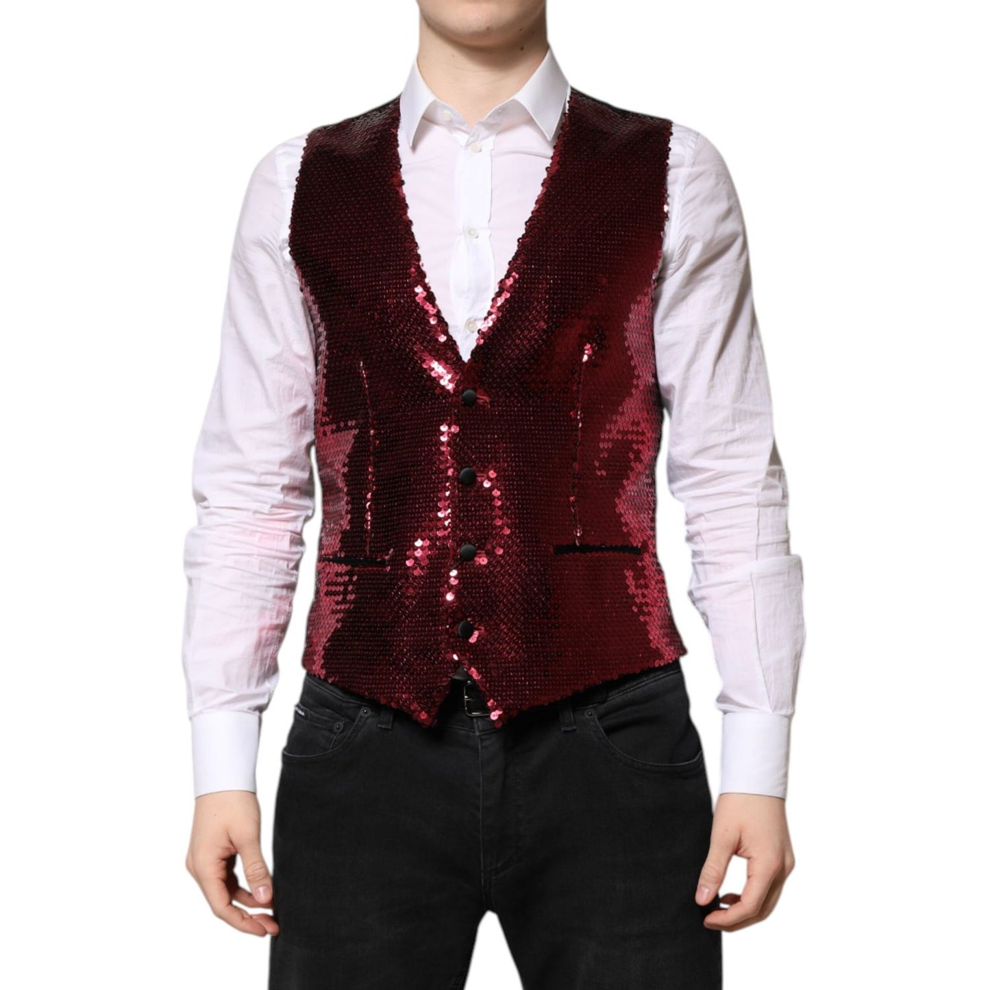 Dolce & Gabbana Red Sequined Dress Formal Men Waistcoat Vest