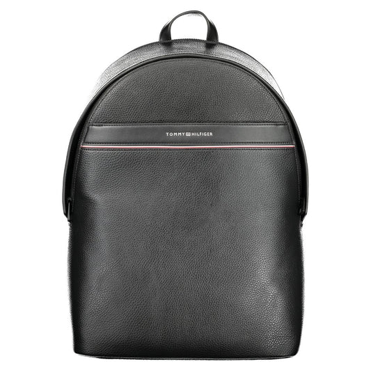 Tommy Hilfiger Black Polyester Men Backpack with logo, top handle, and shoulder straps, featuring multiple compartments for men.