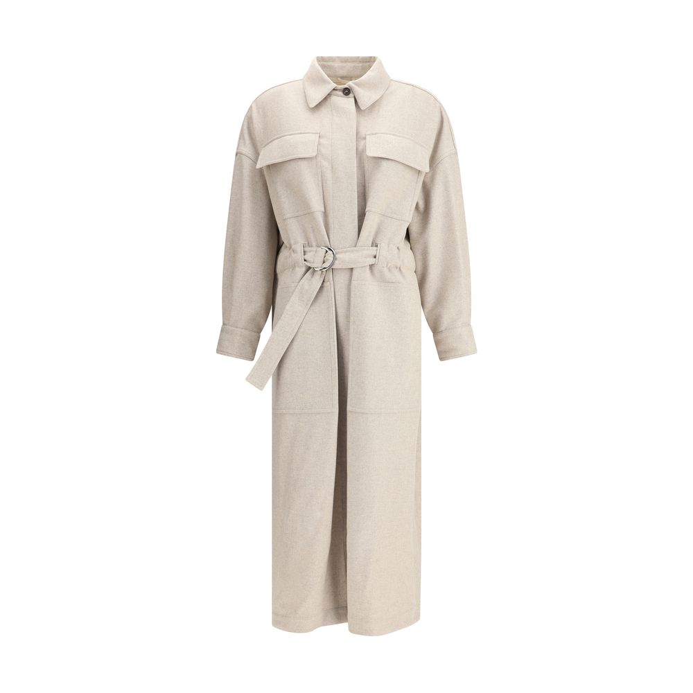 Brunello Cucinelli Beige Wool Coat with classic collar and adjustable waistband, featuring flap patch and side pockets.