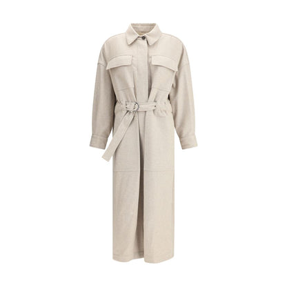 Brunello Cucinelli Beige Wool Coat with classic collar and adjustable waistband, featuring flap patch and side pockets.