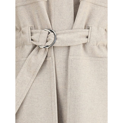 Brunello Cucinelli Beige Wool Coat with adjustable waist belt and flap patch pockets, showcasing elegant and timeless design details.