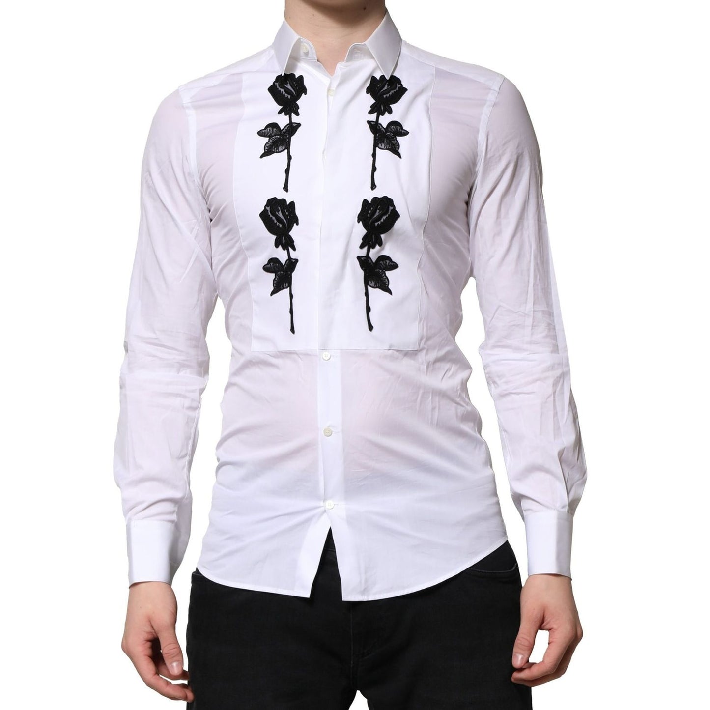 Dolce & Gabbana White Floral Embroidery Men GOLD Formal Shirt