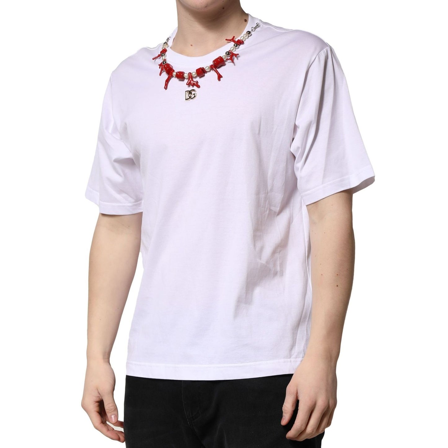 Dolce & Gabbana White Embellished Cotton Crew Neck T-shirt
