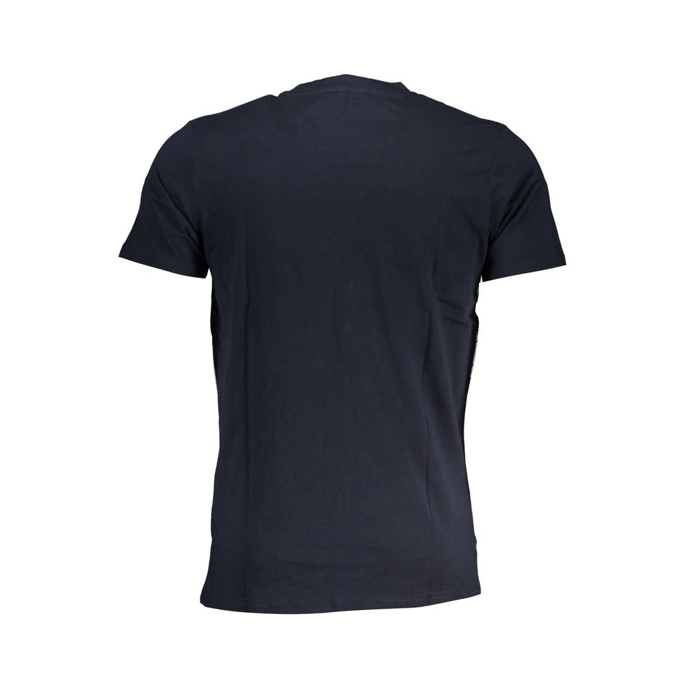 Back view of Cavalli Class Blue Cotton T-Shirt, short-sleeved and crew neck with a printed logo.