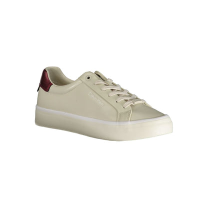 Calvin Klein Beige Polyester Sneaker with contrast details, laces, and logo print, perfect for sports footwear enthusiasts.