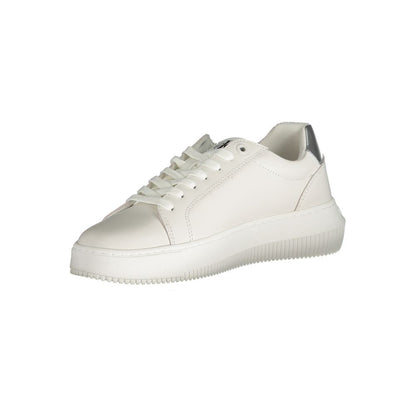 Calvin Klein White Polyester Sneaker with laces and contrast details, featuring logo print and recycled thermoplastic rubber sole.