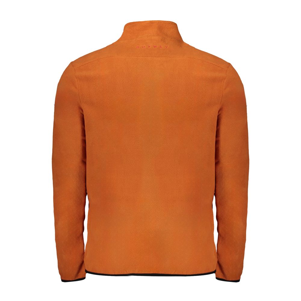 Back view of Norway 1963 Brown Polyester Men Sweater with bold zip-up front and emblematic embroidery.