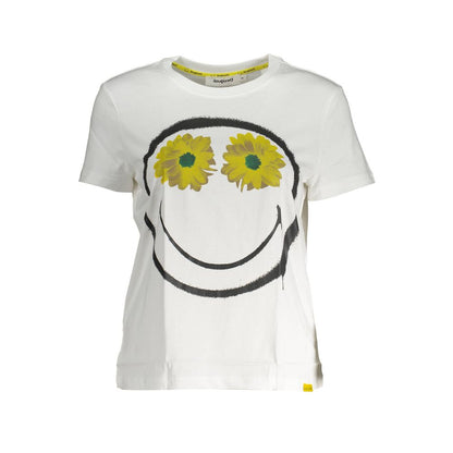 Desigual White Cotton Women T-Shirt with sunflower eye print and smiley face design, short sleeves, round neck, and the Desigual logo.