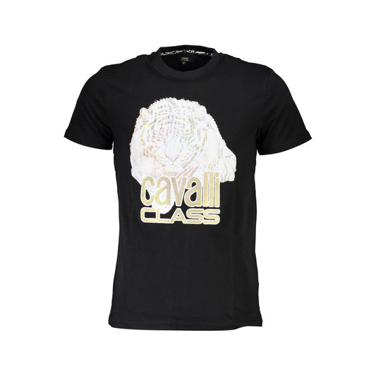 Cavalli Class Black Cotton Men T-Shirt with bold print and logo, crew neck, short sleeve, black color for standout style.