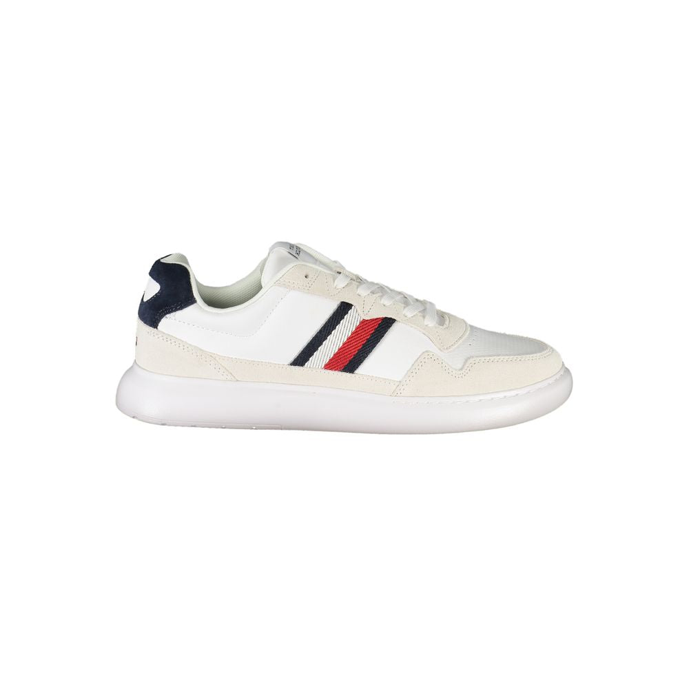 Tommy Hilfiger White Leather Men Sneaker with embroidered logo and contrasting details, showcasing a sleek sporty design for style-conscious individuals.
