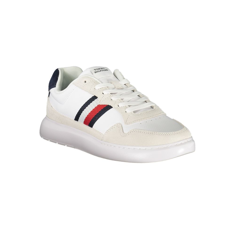 Tommy Hilfiger White Leather Men Sneaker with embroidered logo and removable footbed, showcasing iconic style and comfort.