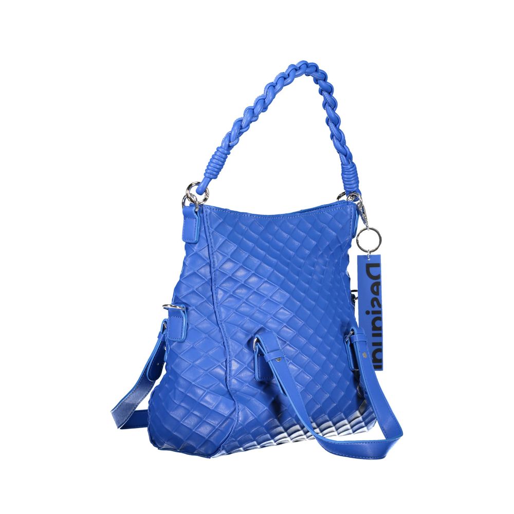 Desigual Blue Polyethylene Women Handbag with braided handle, adjustable strap, and unique woven design.