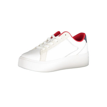 Tommy Hilfiger White Polyester Sneaker with contrast details and logo, featuring sports laces and application, side view.