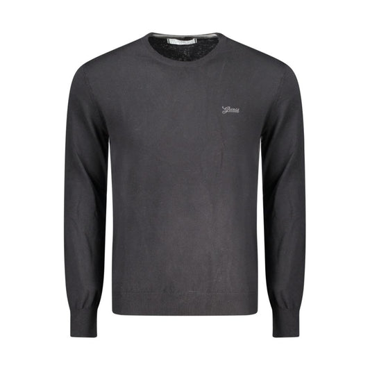 Guess Jeans Black Cotton Men Sweater, long-sleeved crew neck with embroidered logo, perfect blend for stylish sophistication.
