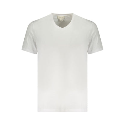 Calvin Klein White Cotton Men T-Shirt with V-neck and logo embroidery, made from breathable cotton for comfort and style.