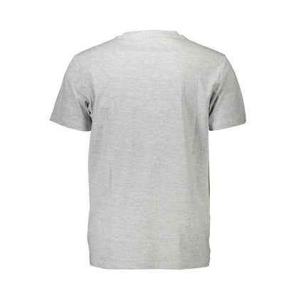Back view of a plain gray t-shirt highlighting fabric texture and fit