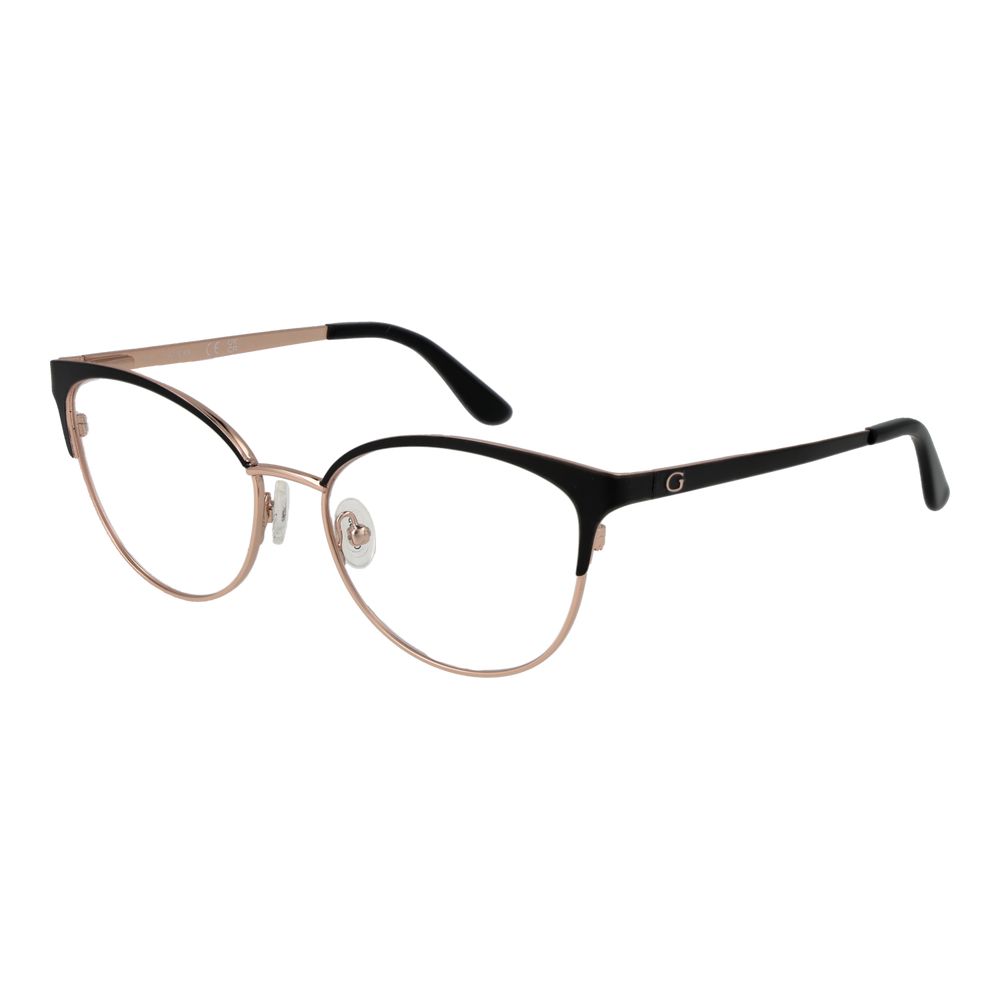 Guess Gold Women Glasses Frame in full-rim browline style with gold metal and plastic demo lenses, includes branded case.