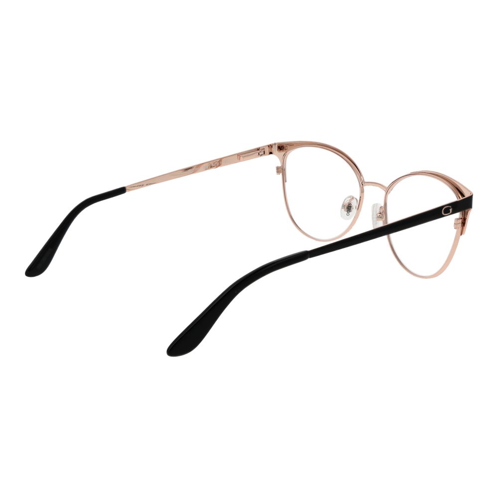 Guess Gold Women Glasses Frame, full-rim gold metal with browline style, plastic demo lenses, and spring hinges.