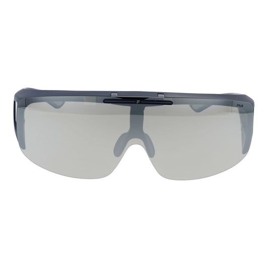 Fila Blue Men Sunglass with blue plastic frame and polarized grey lenses, offering 100% UVA & UVB protection, includes branded case.