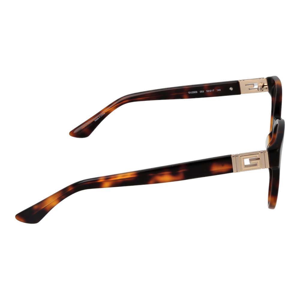 Side view of Guess Brown Women Glasses Frame with full-rim butterfly style and plastic material, featuring tortoiseshell pattern and logo detail.