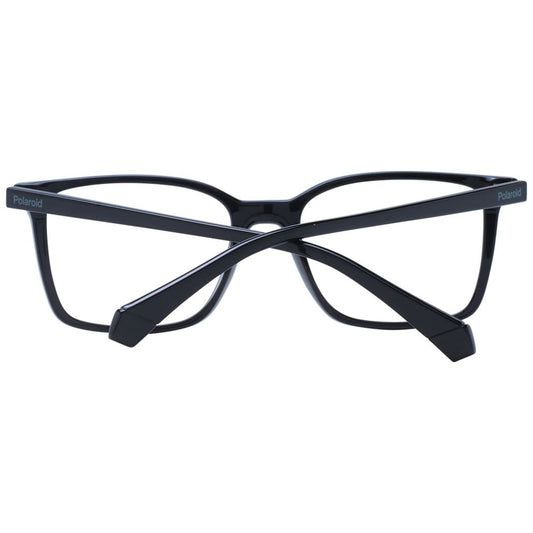 Polaroid Black Men Glasses Frame, full-rim rectangle design, black polyamide material, demo lenses, 53mm width, 40mm height.