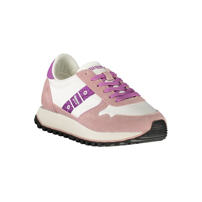 Blauer White Leather Women Sneaker with purple accents, sports luxe design, durable and comfortable blend of polyester, leather, and polyethylene.