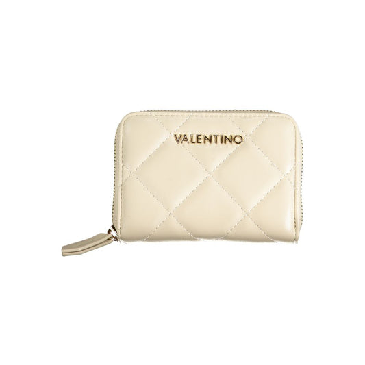 Mario Valentino Beige Polyethylene Wallet with zip closure, logo, six compartments, coin purse, card spaces, and contrasting details.