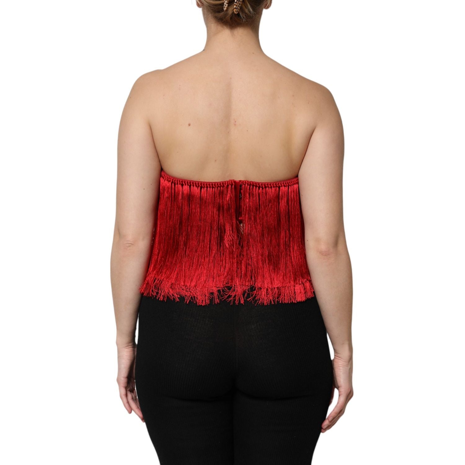 Dolce & Gabbana Red Silk Strapless Fringe Crop Tube Top
