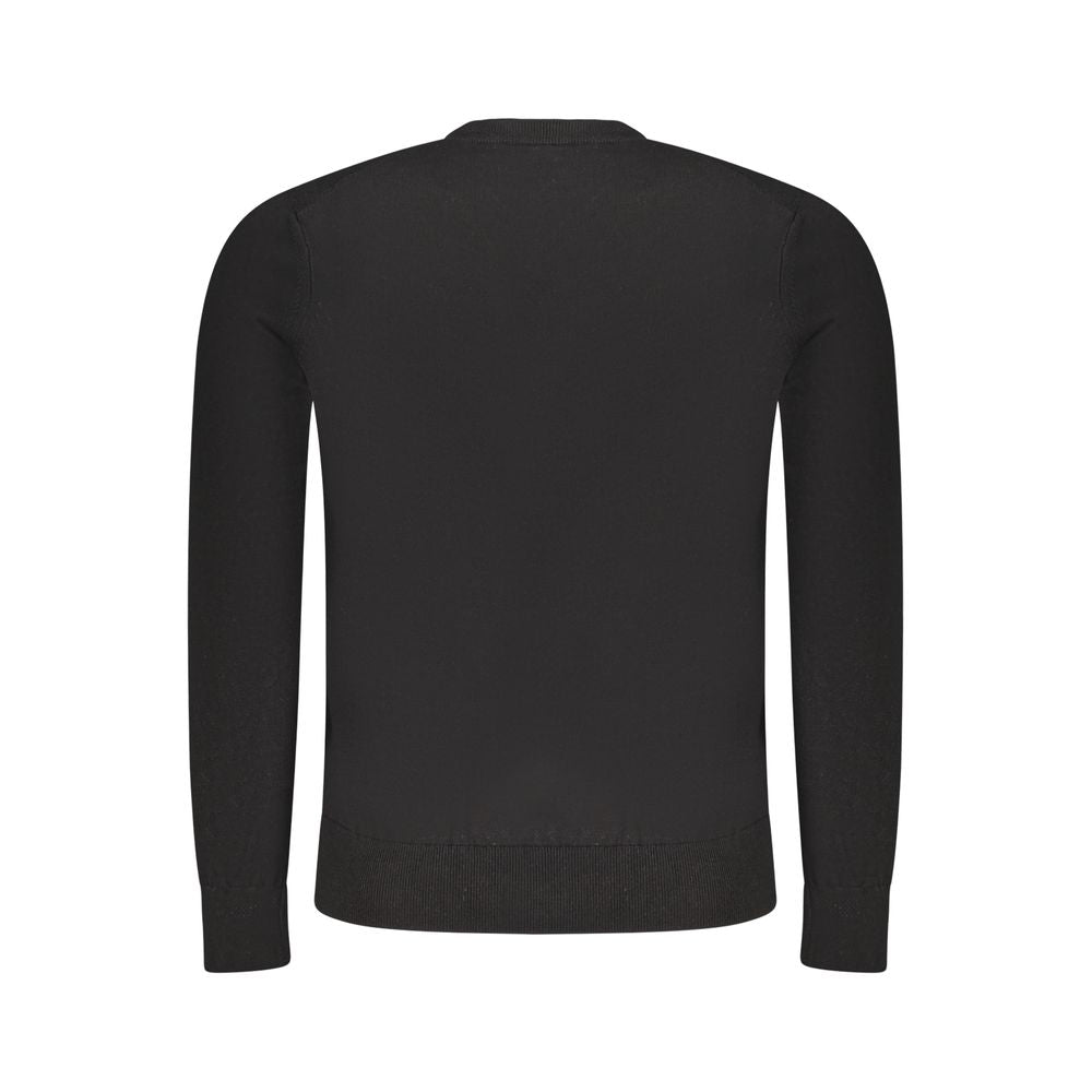 Back view of a Hugo Boss Black Cotton Sweater with long sleeves and V-neck showcasing logo applique.